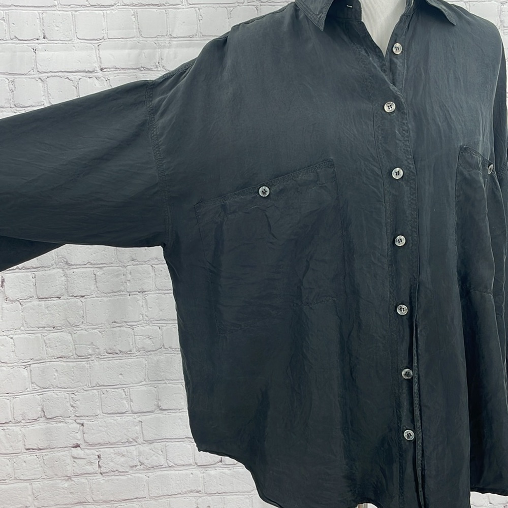 Oversized 100% Silk Lagenlook Moda Intl Black Button Down Lightweight Silky Top